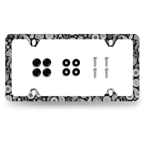 Black White Paisley Stainless Steel Boho License Plate Frame 12.2 x 6.2Inch