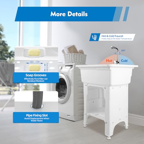 Freestanding Utility Sink Plastic Laundry Sink Spacious Laundry Tub Sink with Storage Shelf Indoor Outdoor Slop Sink Wash Station for Bathroom Laundry Washing Room