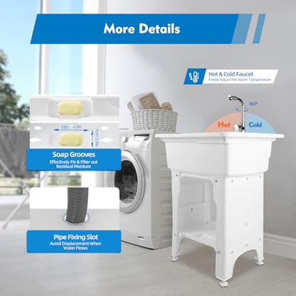 Freestanding Utility Sink Plastic Laundry Sink Spacious Laundry Tub Sink with Storage Shelf Indoor Outdoor Slop Sink Wash Station for Bathroom Laundry Washing Room
