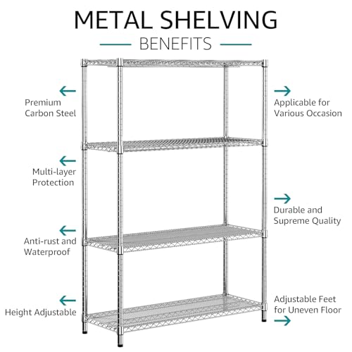 3400 LBS Garage Shelving Wide Storage Shelves 4 Tier Metal Shelves Heavy Duty Adjustable Utility Shelf Rack Chrome 17.7" D x 47.2" W x 70.4" H (4 Count)