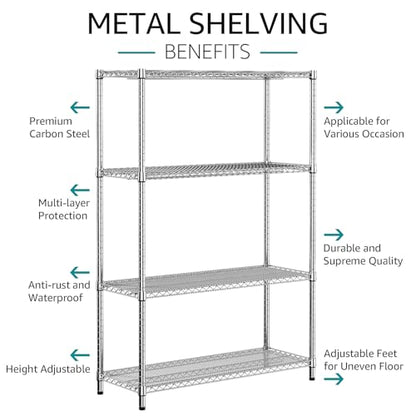 3400 LBS Garage Shelving Wide Storage Shelves 4 Tier Metal Shelves Heavy Duty Adjustable Utility Shelf Rack Chrome 17.7" D x 47.2" W x 70.4" H (4 Count)