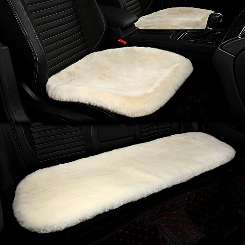 Genuine Sheepskin Car Seat Cushion Seat Covers for Cars Trucks SUV Comfort Seat Protector Pad for Car Driver Seat Car Accessories (3 Count)