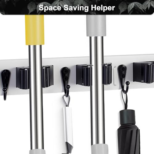 2 Pack Broom Holder Wall Mount With 5 Slots & 4 Hooks (2 Count)