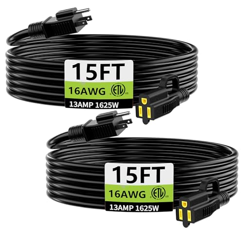 Indoor Outdoor Black Extension Cord 15 FT 2Pack Waterproof 16