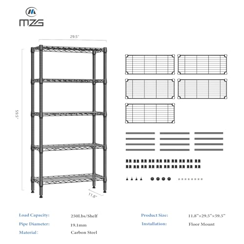 1250 lbs 5 Tier Shelf Metal Storage Shelves Wire Rack Closet Organizers for Garage Kitchen Bathroom Laundry Black 11.8" D x 29.5" W x 59.5" H (5 Count)