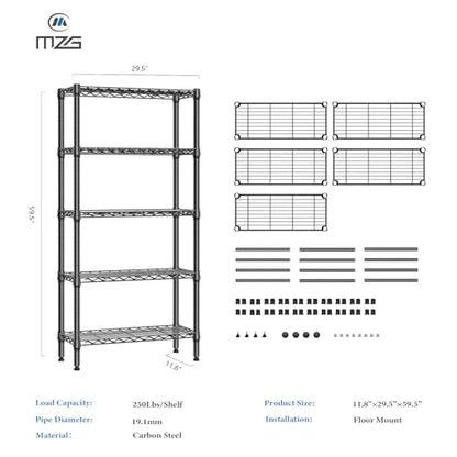 1250 lbs 5 Tier Shelf Metal Storage Shelves Wire Rack Closet Organizers for Garage Kitchen Bathroom Laundry Black 11.8" D x 29.5" W x 59.5" H (5 Count)