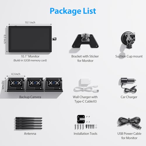 3 Magnetic Solar Wireless Backup Camera HD1080P Loop Recording 10.1 Inch Touchscreen Monitor