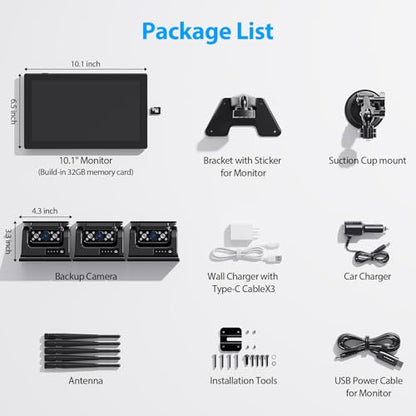 3 Magnetic Solar Wireless Backup Camera HD1080P Loop Recording 10.1 Inch Touchscreen Monitor