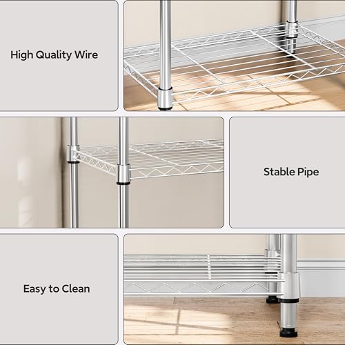 5 Tiers Shelf Metal Storage Shelves Wire Rack Closet Organizers for Garage Kitchen Bathroom Laundry Chrome 11.8" D x 17.7" W x 55" H (5 Count)