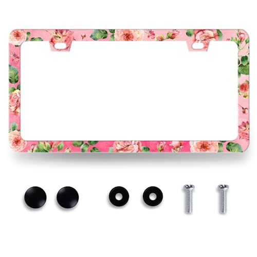 Stainless Steel Rose Pink Floral Flower License Plate Frame 12.3 x 6.3 Incj