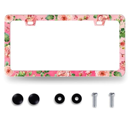 Stainless Steel Rose Pink Floral Flower License Plate Frame 12.3 x 6.3 Incj