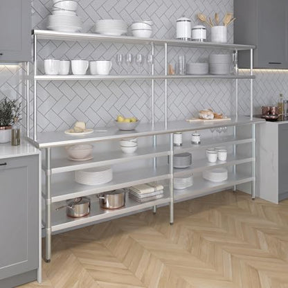 18" x 96" Stainless Steel Work Table with 3 Shelves and 12" Wide Double Tier Overshelf