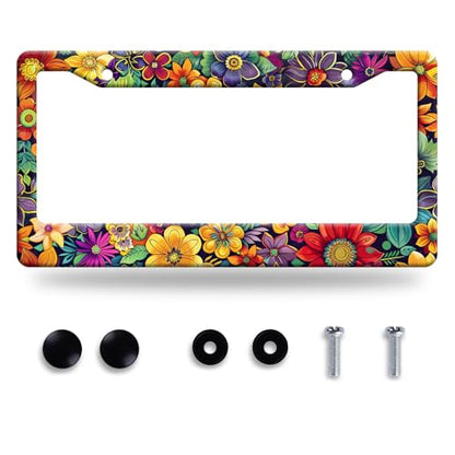 Bright Flowers License Plate Frame Stainless Steel Accessory12.3 x 6.3"