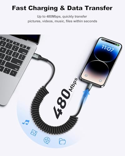 USBC to Lightning Cable for Car Coiled iPhone Charger Apple MFi Certified (2 Count)
