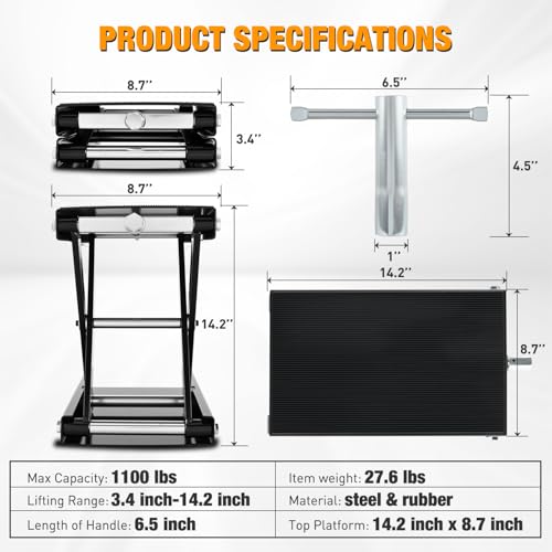 Motorcycle Lift Jack 1100 LBS Motorcycle Scissor Jack Stand Lift with Wide Deck Crank Handle 3.4"