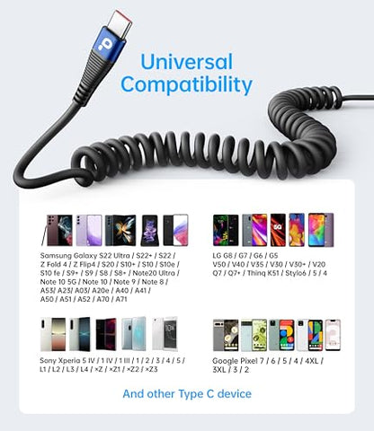 USB C Cable 100W 3FT Coiled USB C to USB C Charger Cable for Car (2 Count)