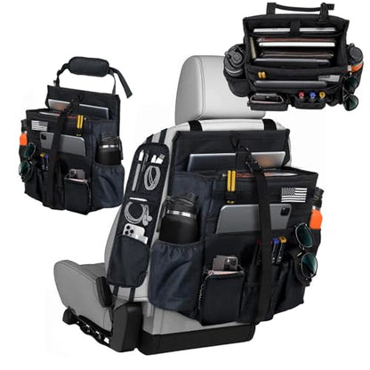 2 Pack Front or Seat back organizer seat side pocket with dedicated tablet and 17 IN laptop storage stabilizers external stabilizing side straps soft adjustable shoulder straps