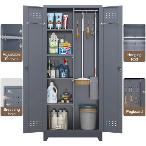 72'' Metal Utility Storage Cabinet with Pegboard & Tool Hanging Bars