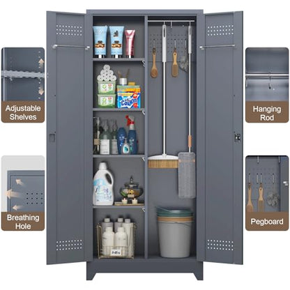 72'' Metal Utility Storage Cabinet with Pegboard & Tool Hanging Bars