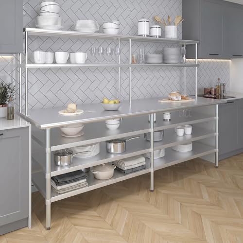 30" x 96" Stainless Steel Work Table with 3 Shelves and 12" Wide Double Tier Overshelf