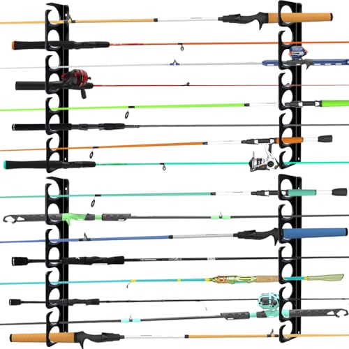 Wall or Ceiling Fishing Rod Storage Rack Vertical Horizontal Holder with 16 Capacity Fishing Rods Reels Mounted Roof Carrier Hooks Hanger for Garage Cabin and Basement Gear Accessories (4 Count)