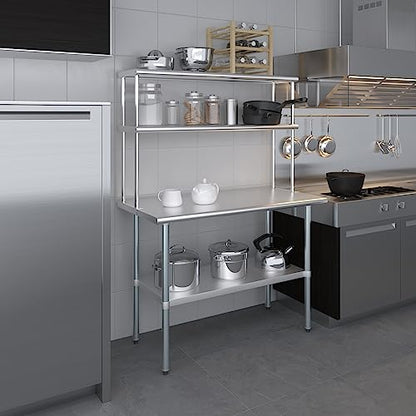 Stainless Steel Work Table Wide Double Tier Overshelf