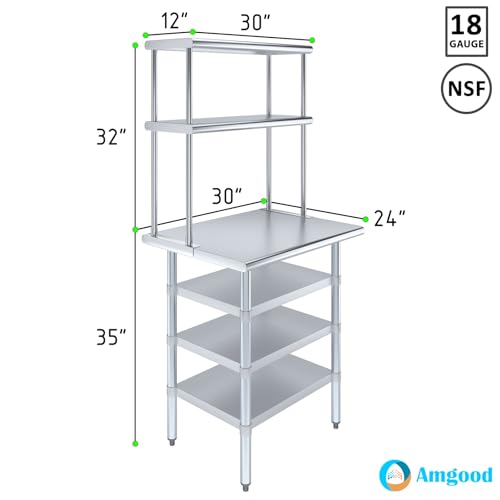 24" x 30" Stainless Steel Work Table with 3 Shelves and 12" Wide Double Tier Overshelf