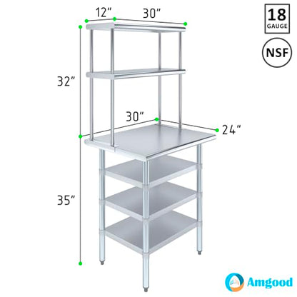 24" x 30" Stainless Steel Work Table with 3 Shelves and 12" Wide Double Tier Overshelf