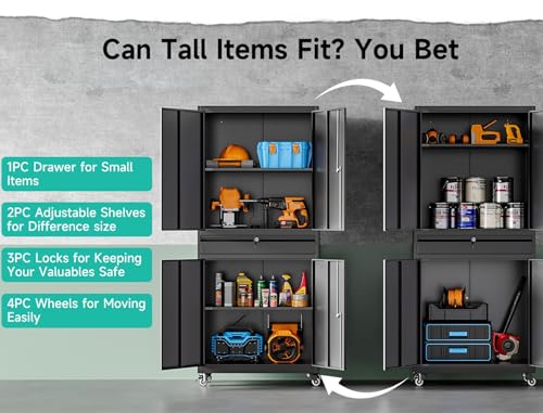 Metal Garage Storage Cabinet with Wheels and Drawer