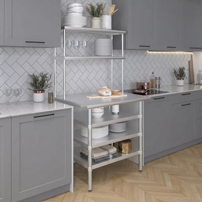 30" x 36" Stainless Steel Work Table with 3 Shelves and 12" Wide Double Tier Overshelf