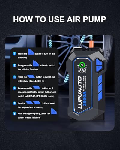 2500A Jump Starter with 150PSI Air Compressor 12V Battery Box Jumper Pack