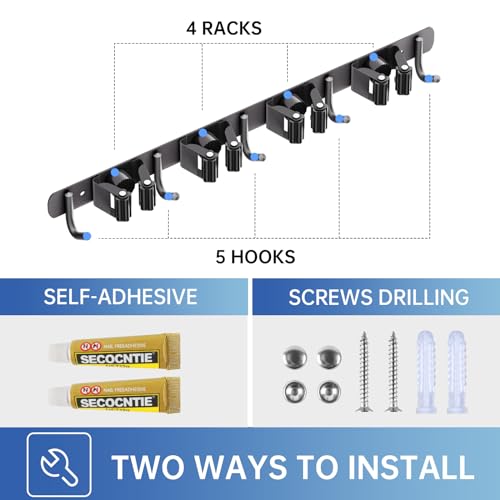 Wall Mount Broom Holder 4 Racks 5 Hooks Metal Tool Organizer Black