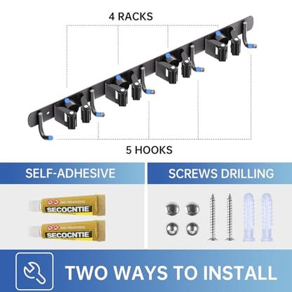 Wall Mount Broom Holder 4 Racks 5 Hooks Metal Tool Organizer Black