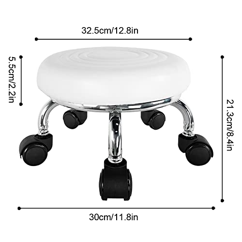 Modern Roller Seat PU Leather Foot Stool Low Round Rolling Stool 360° Step Stool Swivel Small Seat with Universal Wheels for Home Office Garage Shop Fitness Sport H：8.4" （White）