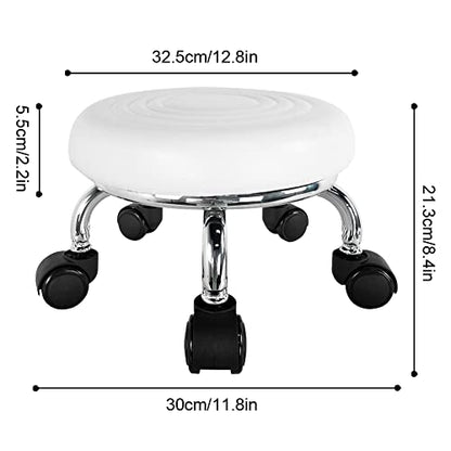 Modern Roller Seat PU Leather Foot Stool Low Round Rolling Stool 360° Step Stool Swivel Small Seat with Universal Wheels for Home Office Garage Shop Fitness Sport H：8.4" （White）