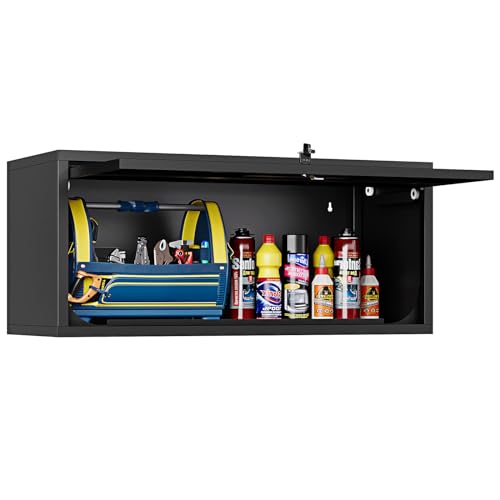 Small Wall Mounted Locking Cabinet Metal Garage Storage Cabinet Hanging Medicine Lockable Steel Utility Floating Tool 14" H Assembly Required Black