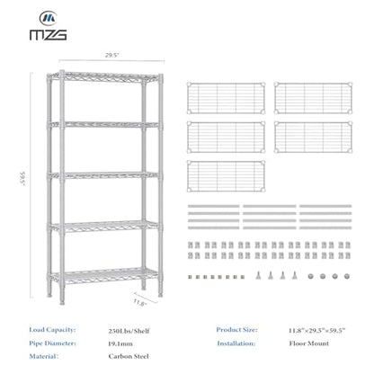 1250 lbs 5 Tier Shelf Metal Storage Shelves Wire Rack Closet Organizers for Garage Kitchen Bathroom Laundry White 11.8" D x 29.5" W x 59.5" H (5 Count)
