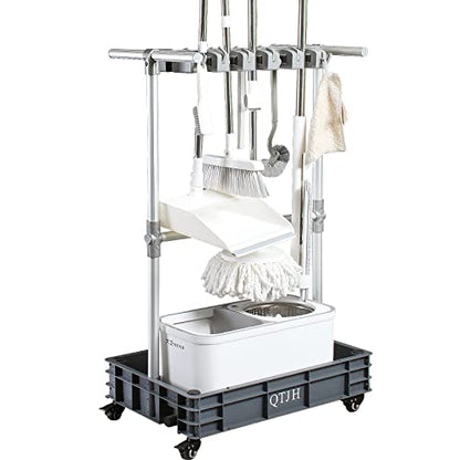 Broom mop holder cleaning supplies organizer janitorial carts on wheels housekeeping station storage tools for garage