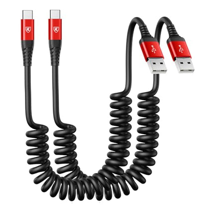 Coiled USB A to USB C Cable for Car 6FT 2Pack USB C Charger Cable Fast (12 Foot)