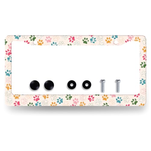 Colorful Dog Paws Stainless Steel Dogs License Plate Frame 12.2 x 6.2 Inch