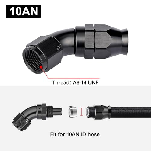 10AN 45 Degree PTFE One Piece Full Flow End Hose Fitting Aluminum Black