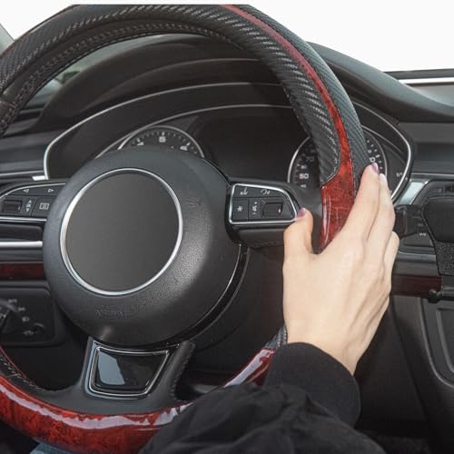 Wood Grain Steering Wheel Cover Red Universal Microfiber Leather