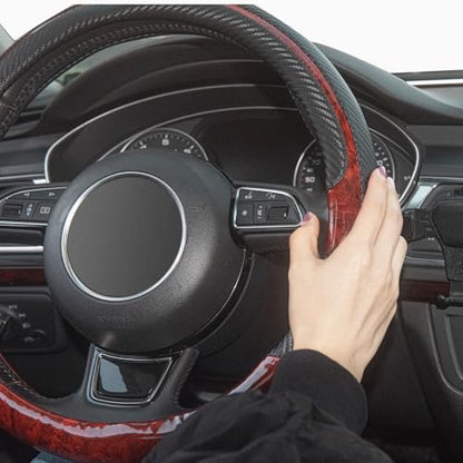 Wood Grain Steering Wheel Cover Red Universal Microfiber Leather