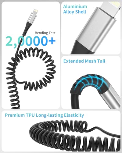 Coiled USB C to Lightning Cable for Car 2 Pack (2 Count)