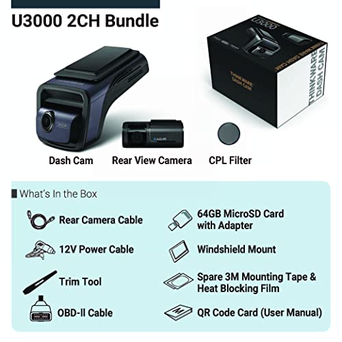 U3000 4K Dash Cam Front and Rear 2CH STARVIS 2 Sensor Super Night Vision Dashcam for Car Camera 5GHZ WiFi GPS Radar Buffered Parking Mode CPL Filter Red Light Speed Camera Alerts OBD Cable