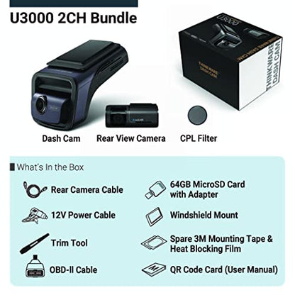 U3000 4K Dash Cam Front and Rear 2CH STARVIS 2 Sensor Super Night Vision Dashcam for Car Camera 5GHZ WiFi GPS Radar Buffered Parking Mode CPL Filter Red Light Speed Camera Alerts OBD Cable