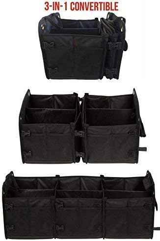 Tuff Viking Convertible Large 3 Compartment SUV Trunk Organizer | Truck Bed Organizer with Cover for Trucks, Cars, SUVs and Groceries. PATENTED (4-in-1 with Cover, Black)