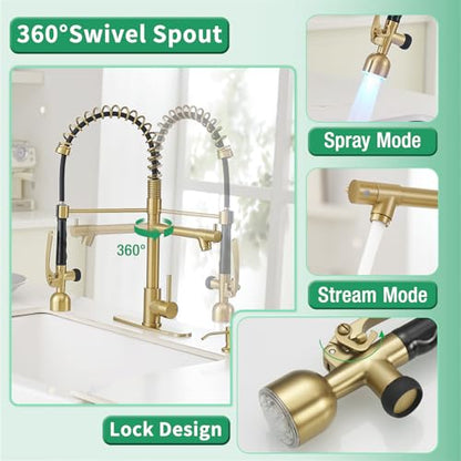 Commercial Kitchen Faucets with Pull Down Sprayer Brushed Gold LED