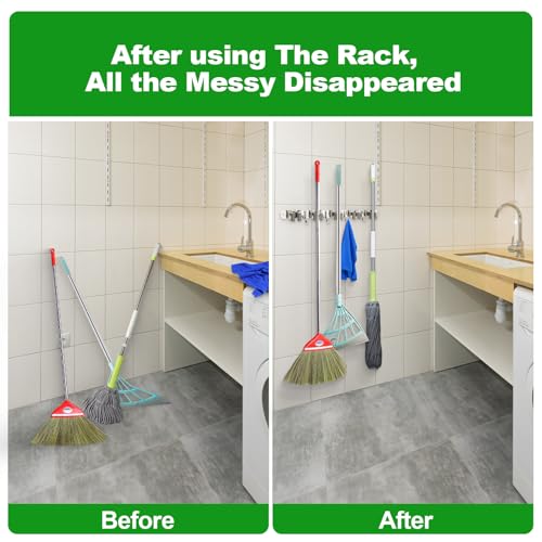 2 Pack] 5 Racks and 4 Hooks Mop and Broom Holder Wall Mount (2 Count)
