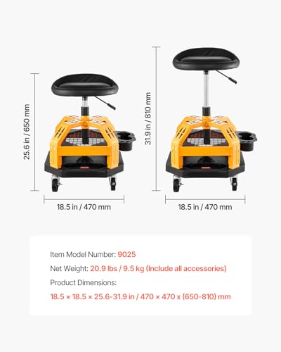 Mechanic Stool Dual Storage Trays Rolling Stool and Garage Stool with Adjustable Height 23.6